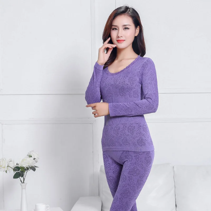 Womens Thermal Underwear Lace Sets Print Luxury Long John Thermal Tops and Bottom Suit Winter Body Shape Lingerie ouc1727