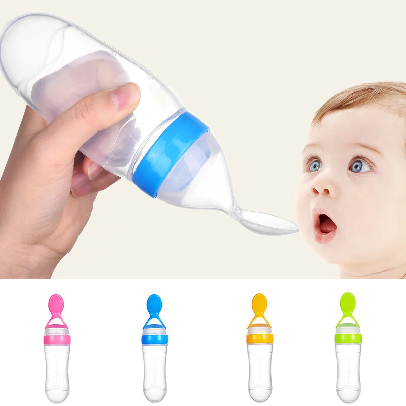 

90ml Silicone Baby Feeding Bottle With Spoon Newborn Infant Squeeze Spoon Toddler Food Supplement Rice Cereal Bottle Milk Feeder