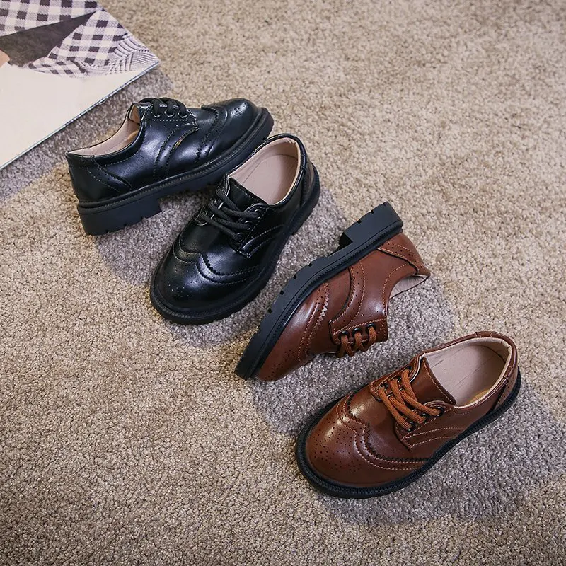 Children Leather Shoes for Boys Girls British Style Oxfords Vintage Lace up 26 36
