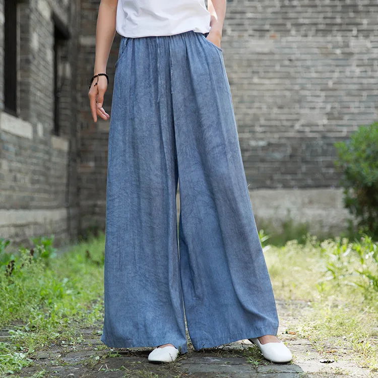 Johnature 2020 Autumn New Full Length Retro Elastic Waist Tie Dye Wide Leg Pants Loose Comfortable All-match Women Lace Up Pants