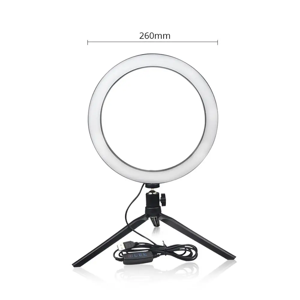 26cm with Tripod Светодиодный кольцевой светильник с регулируемой яркостью USB для селфи, лампа для макияжа, для мобильного телефона, для живого потока, держатель для телефона, регулируемая настольная лампа, светильник для макияжа - Испускаемый цвет: 26cm with Tripod