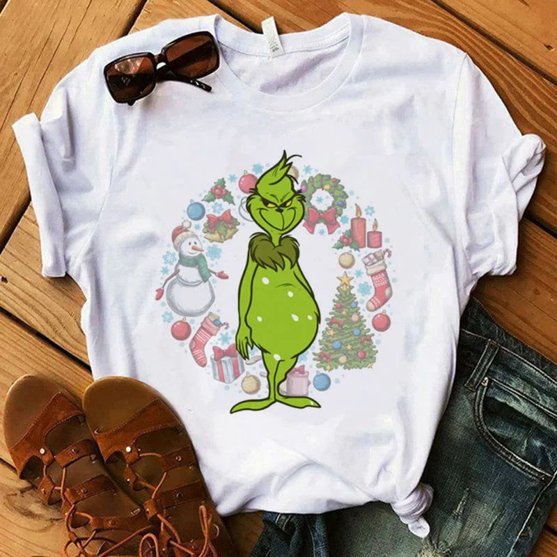 LUSLOS Grinch Santa забавная женская футболка, графические футболки, женские повседневные белые футболки с коротким рукавом, женские футболки больших размеров, женская одежда - Цвет: XWT3193