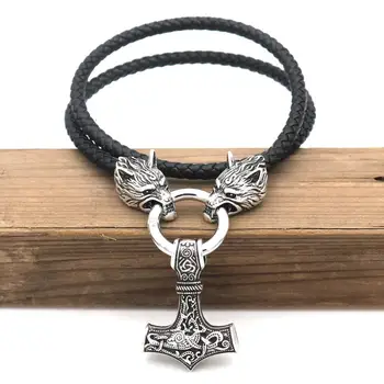 

Nordic Viking Thunder Thor's Hammer Pendant Necklace Men's Stainless Steel Wolf Scalp Chain Necklace Men's Fine Jewelry Gifts