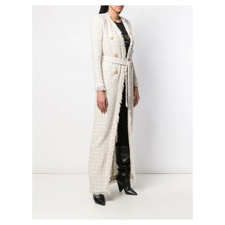 Винтаж Стиль зимнее шерстяное пальто Для женщин двубортный кисточкой твидовое пальто X длинные шерстяные пальто Manteau Femme