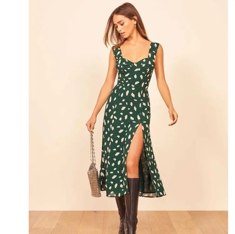 

2020 Spring-Style Pullover Sling Europe And America Vintage Printed Waist Hugging Slit Vest Dress