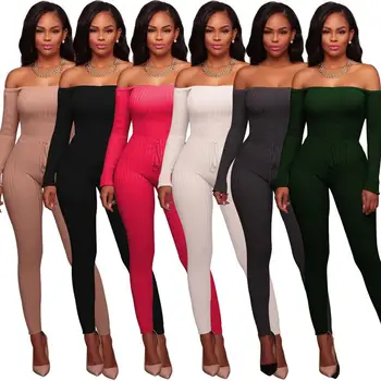 

Women Jumpsuit Sexy Ladies Party Rompers High elasticity Off Shoulder Jumpsuit Women Long Sleeve Romper Skinny Rompers Trousers