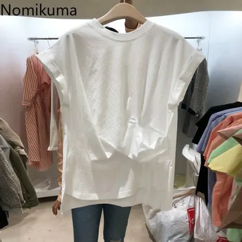 

Nomikuma Korean Causal Short Sleeve Shirt Women Irregular Pleated Top 2020 Summer Solid O-neck t shirt White Black Tees 6A425