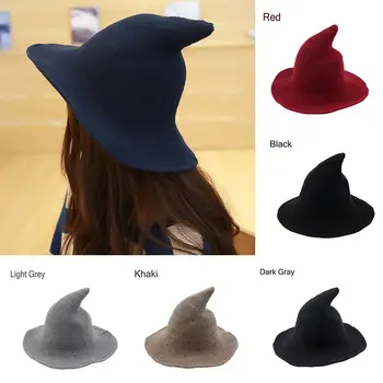 

Brand New Women Modern Witch Wool Hat Foldable Costume Sharp Pointed Wool Felt Halloween Party Hats Witch Hat Warm Cap