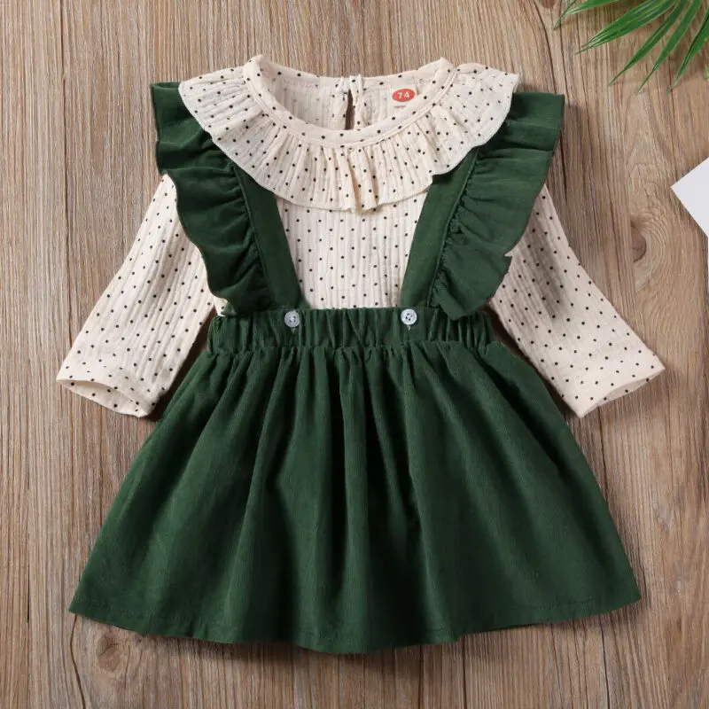 Наборы детской одежды для маленьких девочек от 0 до 24 месяцев комплект из 2 предметов: комбинезон в горошек с оборками+ платье на бретелях