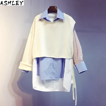 

Color Stitching Contrast Stripe Long Sleeve Loose Plus Woman Shirt Casual Wild Simple Fashion 2020 Spring New