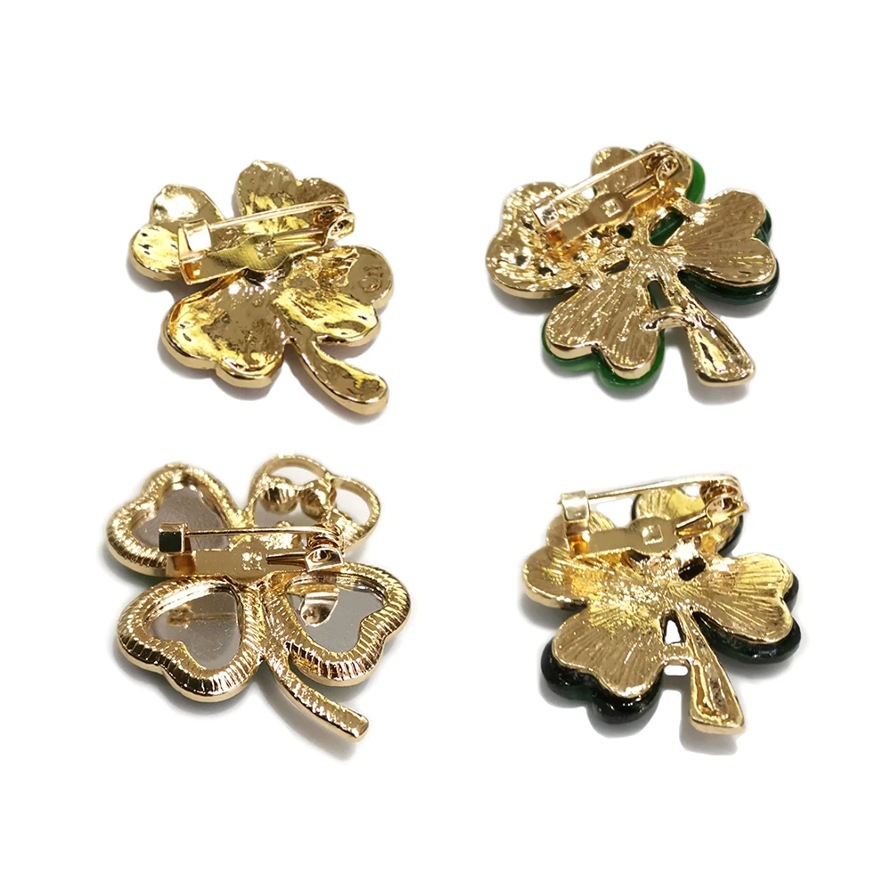 4 Pcs/Lot Green Four Leaf And Rhinestones Lapel Pins Beautiful Crystal Brooches for Women Jewelry Gift