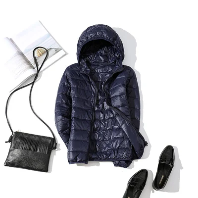Navy blue Hooded Зимний женский сверхлегкий тонкий пуховик, 90% белый утиный пух, куртки с капюшоном, теплое пальто с длинным рукавом, парка для женщин, портативная верхняя одежда - Цвет: Navy blue Hooded