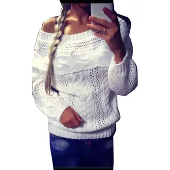

Fashion Women Casual Off Shoulder Long Sleeve Knit Knitwear Pullover Solid Slash Neck White, Gray Sweater