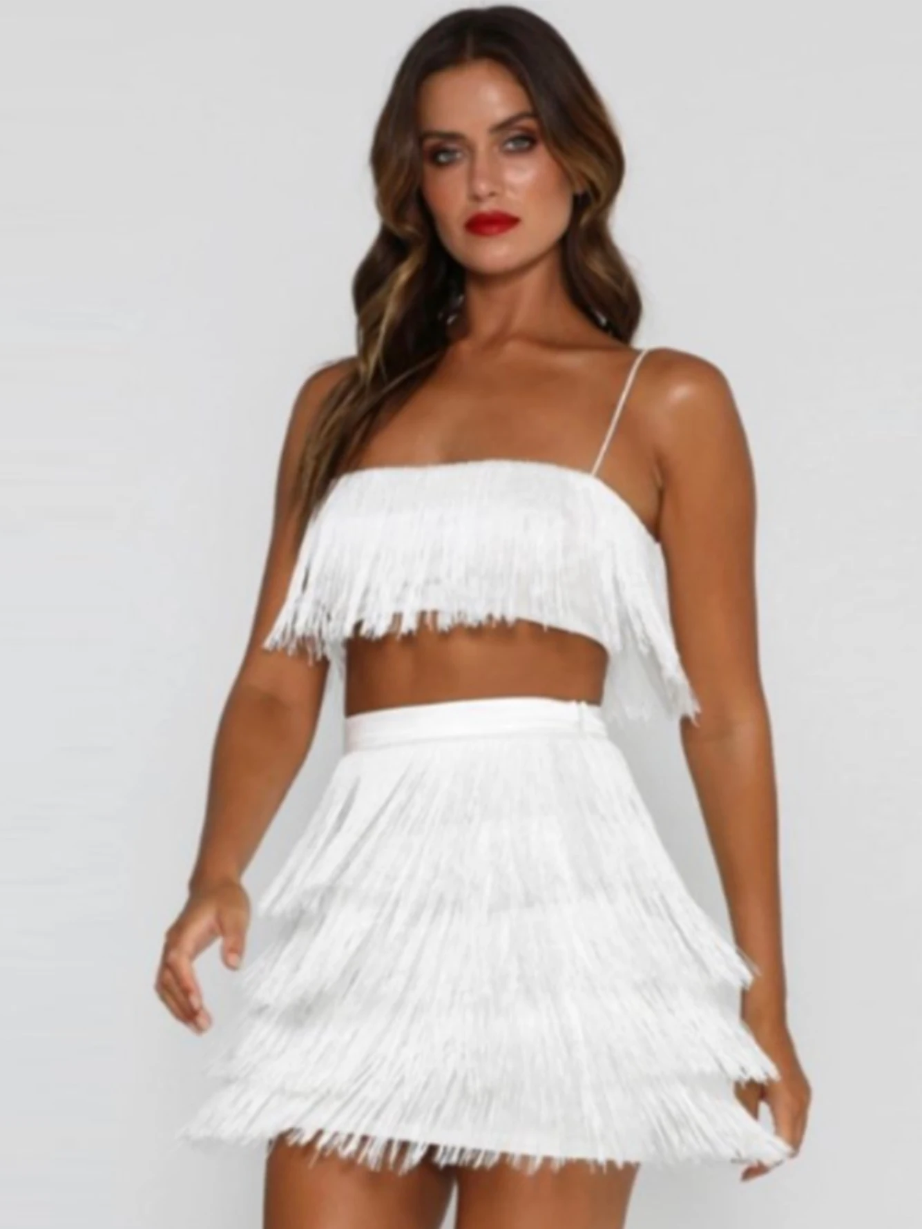 Adyce White Tassel Fashion Women's 2 Two Pieces Sets Sexy Spaghetti Strap Sleeveless Tops &amp Mini Skirts Club Party Outwear |