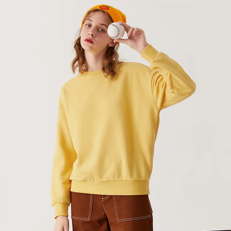 SEMIR толстовки женские плюс бархат осень и зима свободный синий сплошной цвет базовое пальто ленивый-ветер круглый вырез хлопок - Цвет: Medium yellow