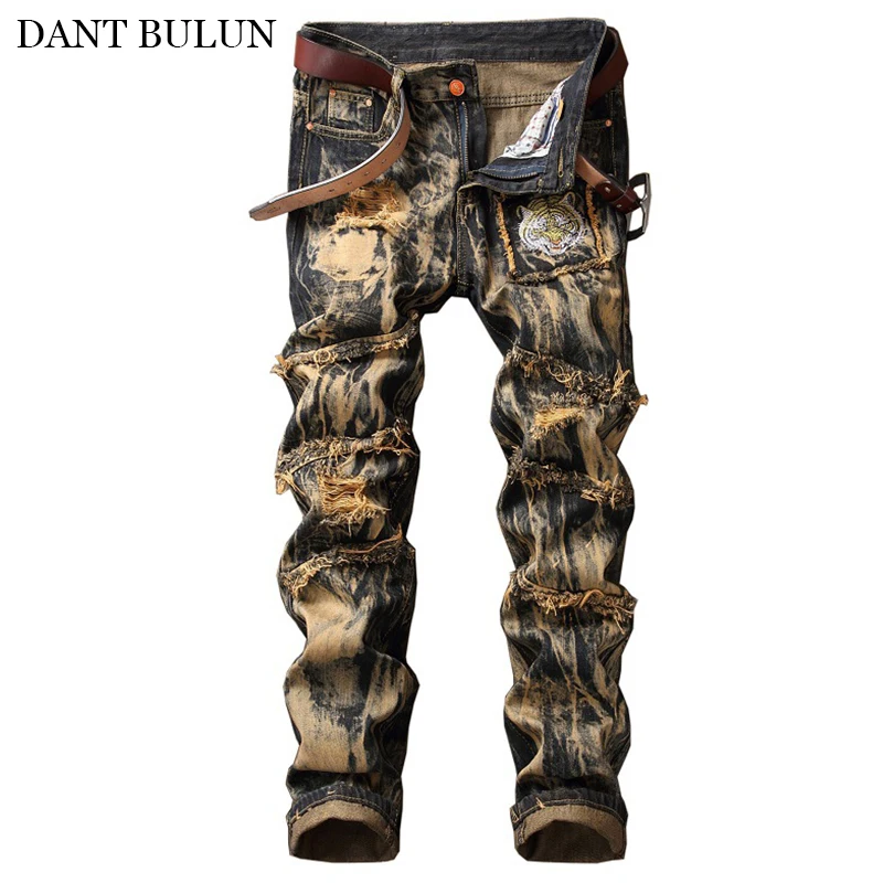 

Straight Jeans Men Distressed Hole Denim Men's Pants Hombre Hip Hop Designer Tiger Pactwork Trousers Streetwear Plus Size Men