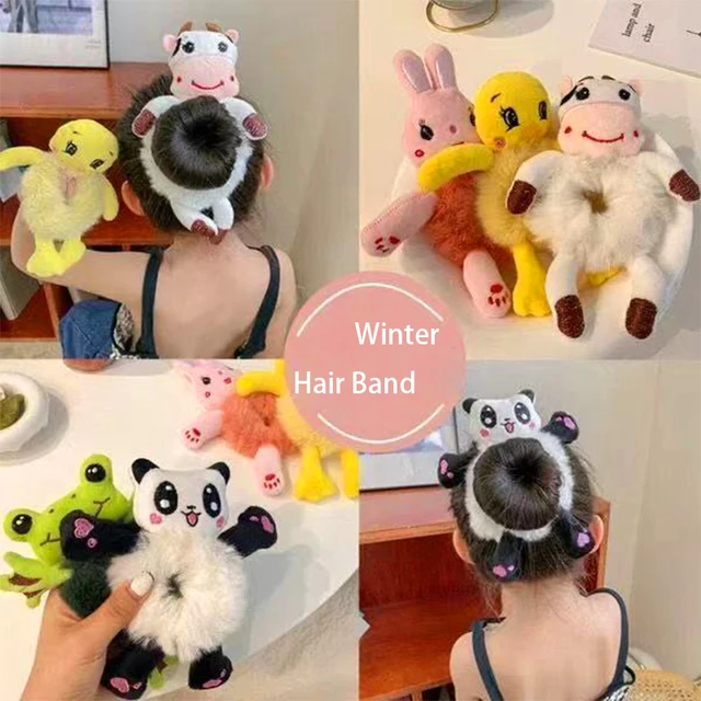 Plush Hair Band Elastic Accessories New Woman Girl Kids Cute Teddy Bear Frog Cat Rabbit Toy Rope Rubber Ties Animal Scrunchies 3