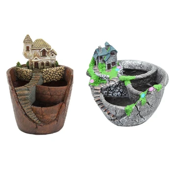 

2 Pcs Mini House Figurines Resin Flower Pot for Herb Cacti Succulent Plants Planter Home Garden Micro- Landscape