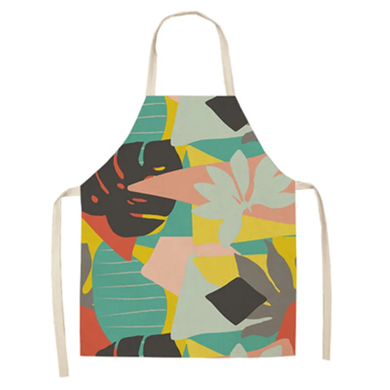 Nordic Style Palm Leaf Linen Kitchen Cooking Apron For Woman Pinafore Coffee Shop Baking Bibs Waterproof Home Cleaning Apron