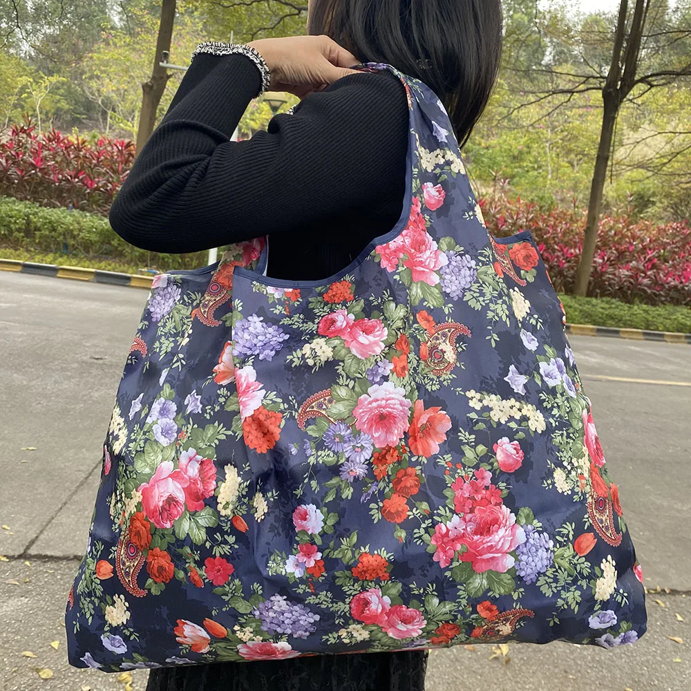 Reusable Grocery Bag Folding Machine Washable Shopping Bag  Large 50-Pound Tote Bag Shoulder Bag Strong Lightweight Polyester