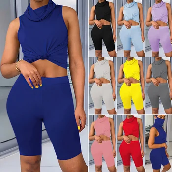 

Two Piece Set Scarf Collar Sleeveless T Shirt Crop Shorts Women Tracksuit