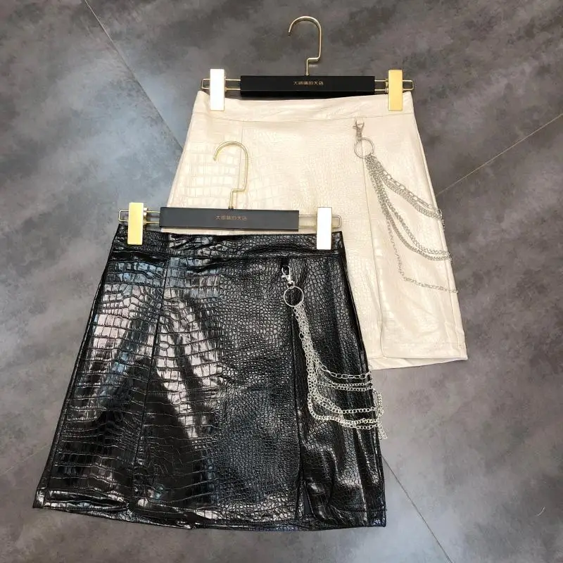 

2019 Autumn New Metal Chain Skirt Imitation Crocodile Skin Texture Leather Hip Skirt Female