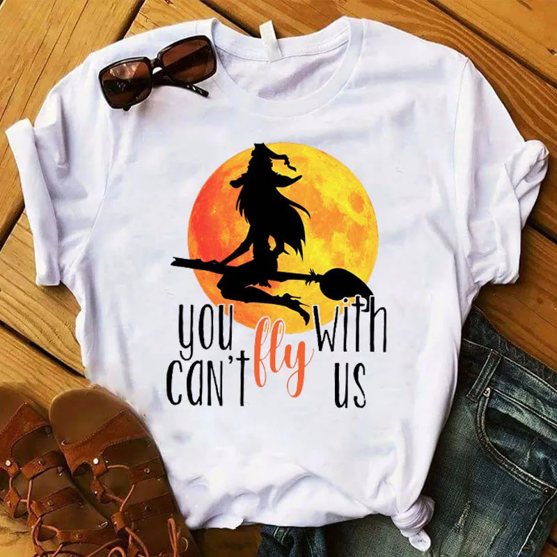 Футболка женская с принтом ведьмы базовый топ на Хэллоуин надписью You't Fly with
