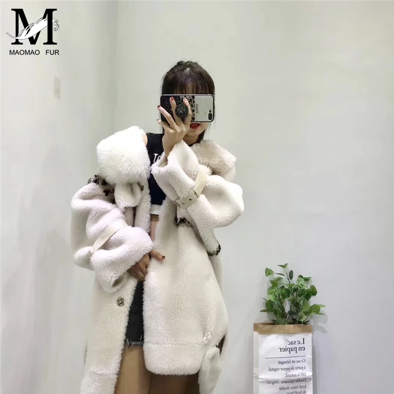 Женская длинная куртка из овечьего меха, меховое пальто с карманами, Женское зимнее теплое пальто из овечьего меха