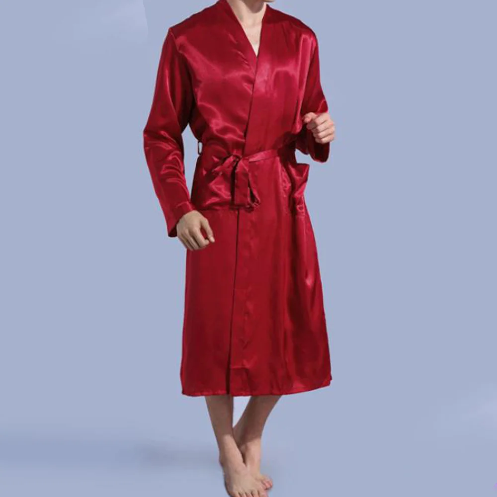 Red Sleep Wear Mens Silk Satin Pajamas Long Sleeve Solid Sleepwear Robes Kimono Pyjamas Male Bathrobe Nightgown Men Loungewear Dressing Gown - Цвет: Red Sleep Wear