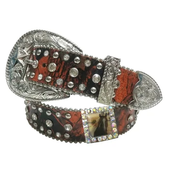 

Square Conchos Orange Camo Wild Western Cowgirl Mesh Chain Horse Ridding Bull Racer Rhinestone Belt
