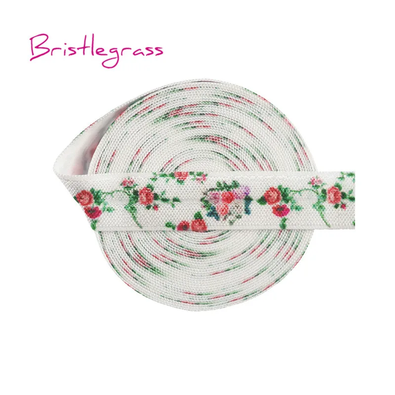 

BRISTLEGRASS 5 Yard 5/8" 15mm Leafy Rose Flower Print Shiny Fold Over Elastics FOE Spandex Satin Band Headband Tutu Dress Sewing