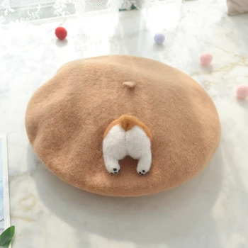 

New Style Lolita Beret Cap Japanese Style Mori Girl Winter Warm Cute Corgi /Cat PP Hat For Women Wool Boina Hats