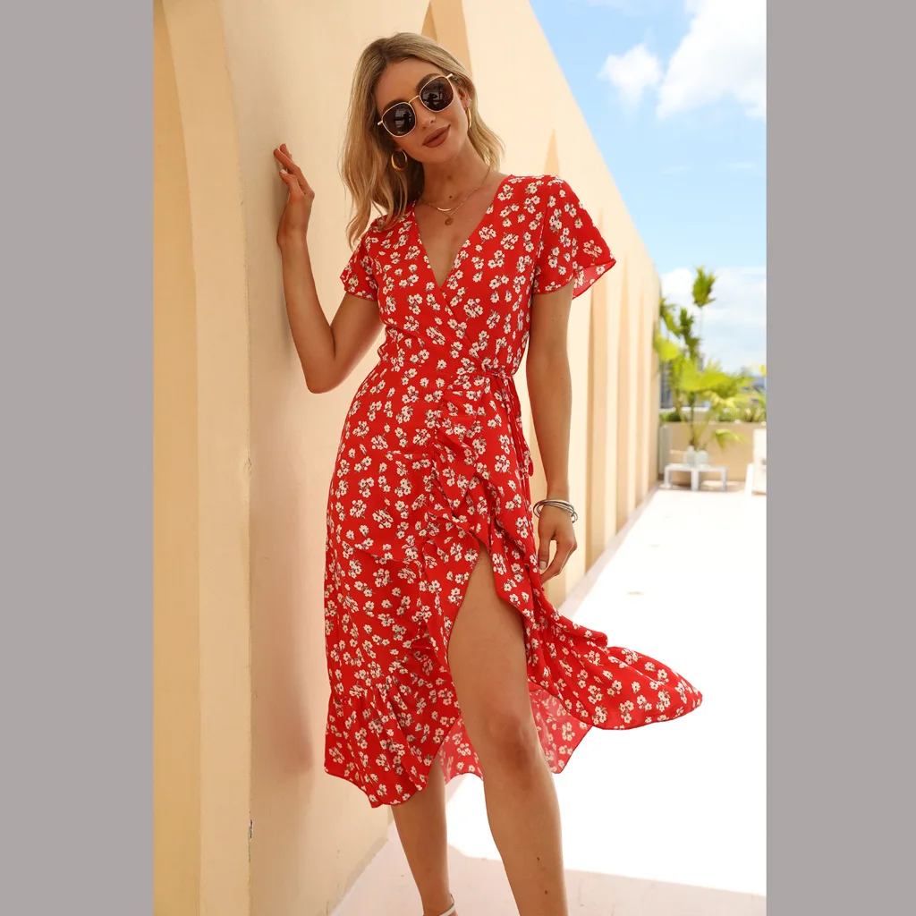 

Fashion Floral Printed Boho Women Dress Sexy V-Neck Short Sleeve Side Spilt Holiday Beach Bandage Dresses WL550