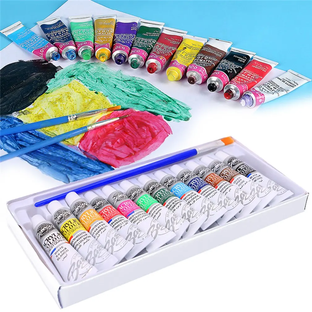 6 ML 12 Colors Professional Acrylic Paints Set Hand Painted Wall Painting Textile Paint Brightly Colored Art Supplies Free Brush