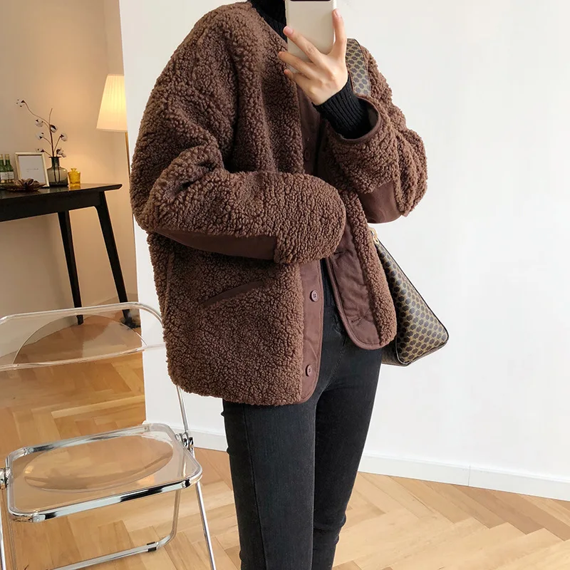 Lamb Wool Jacket Woman Short Thickening Fashion Casual Loose Warm Long Sleeve Coat
