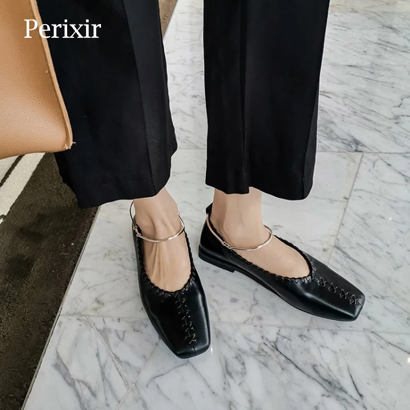 

Perixir Women's Flat Toe Top Layer Cowhide Solid Color Stitching Black Square Toe Office Ladies Spring And Summer Classic Shoes