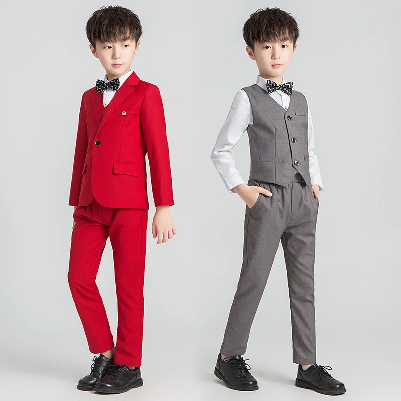 Autumn Children's Formal Suit Set Flower Boy Wedding Piano Show Host Costume Kids Tuxedo Vest Pants Shirts Bowtie 5pcs Clothes