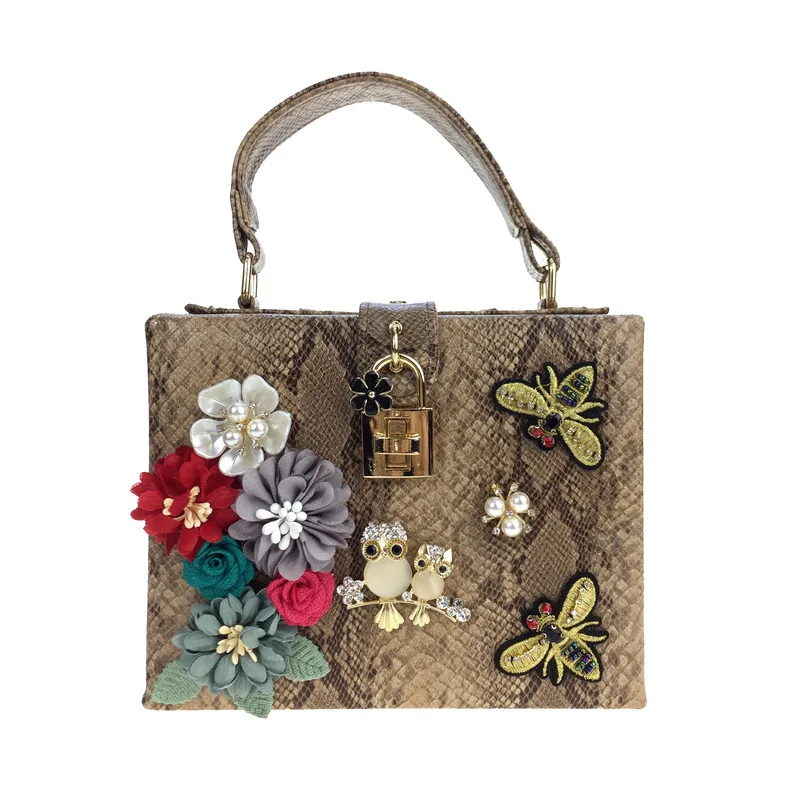 

Fashion Snakeskin Printed Diamond Set Stereo Flower WOMEN'S Bag Western Style Bees Embroidery Handbag Crossbody Bag