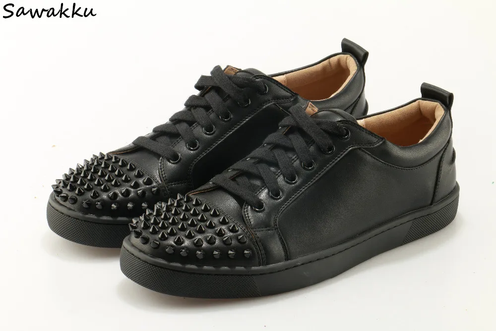 Sawakku Top Quality Black Male Casual Shoes Patchwork Leather Spike Toe Low Red Thick Sole Luxury Brand Men Flats | Обувь