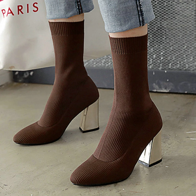 

New Spring Autumn Knitted Elastic Women Short Boots Fashion Round Toe Thick Heel Women Ankle Boots Tight Elasticity Women Shoes