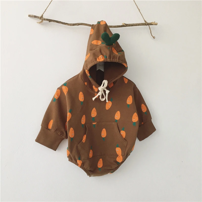 Autumn Infant Outfit Clothes Long Sleeve Cartoon Carrot Newborn Baby Unisex Garment Hooded Sweater Loose Jumpsuit Toddler Romper