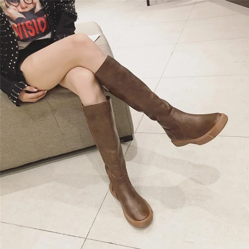 

Over-the-Knee Fashion Sewing Women Boots Low Flat With Zip Casual Long Boots Round Toe PU Platform Solid Concise Winter Shoes