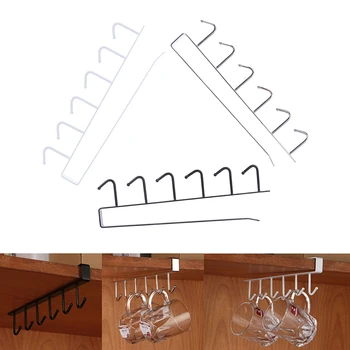 

6 Hooks Cup Iron Kitchen Storage Rack Cupboard Hanging Hook Shelf Multi-functional Dish Hanger Shelf Bathroom Organizer Holder