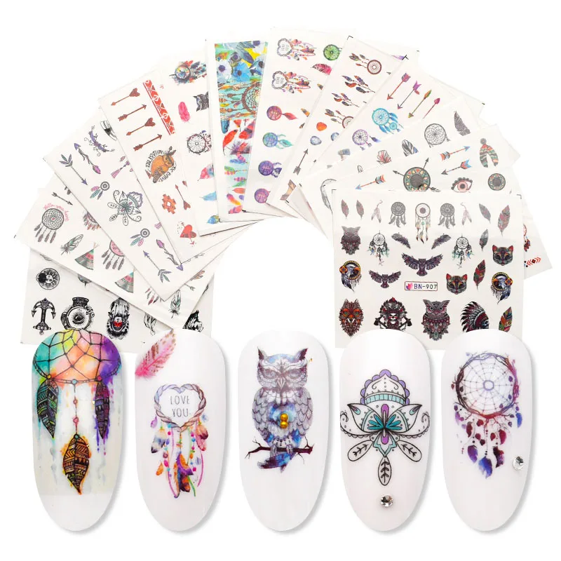 

12 Sheet Colorful Nail Water Decals Slider Dream Catcher Feather Harajuku Owl Stickers For Nails Art Decorations ZJT4065