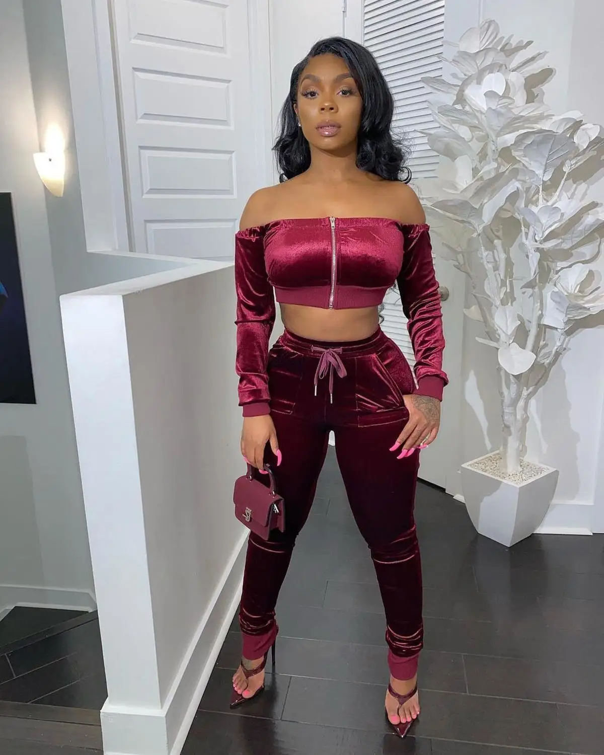 

Echoine Zipper Sexy Off Shoulder Velvet Crop Top and Pants Two Piece Set Drawsring High Waist Fitness Street Party Club Outfits
