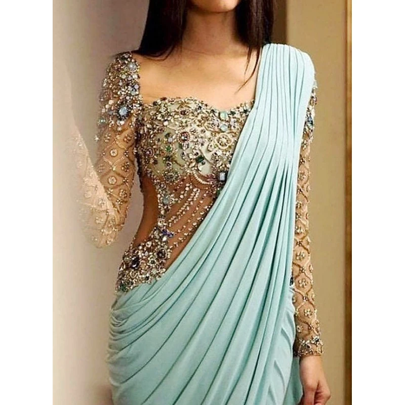 Вечерние платья с бусинами abiye gece elbisesi Vestidos Para Festa с длинными рукавами мятно-зеленые кристаллы вечернее шифоновое платье