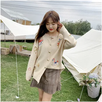 

Knitted Cardigan Cute Embroidery O-Neck Casual Long Sleeve 2020 Spring New Korean Version Plus Size XL-3XL Women's Clothing