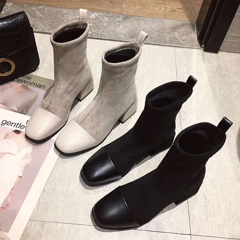 

Spring And Autumn Single Boots Chunky Heel Short Boots WOMEN'S Socks Boots Graceful Nude Square Head Elasticity Thin Boots High
