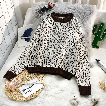 

leopard knitted women sweater and pullovers 2020 winter new o-neck long-sleeved casual all match female pulls tops