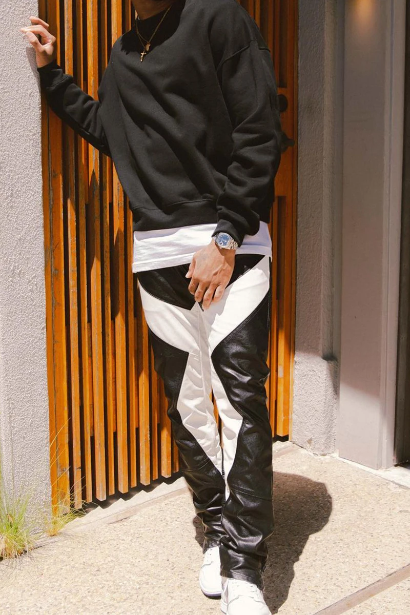 27-46 New Men's Clothing Fashion Singer Black and White Color Matching Casual Leather Pants Plus Size Costumes